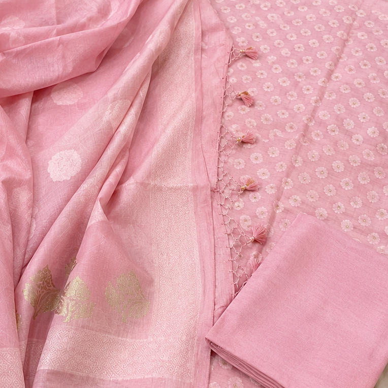 Chandrakala – Onion Pink Banarasi Mul Cotton Unstitched Suit Set