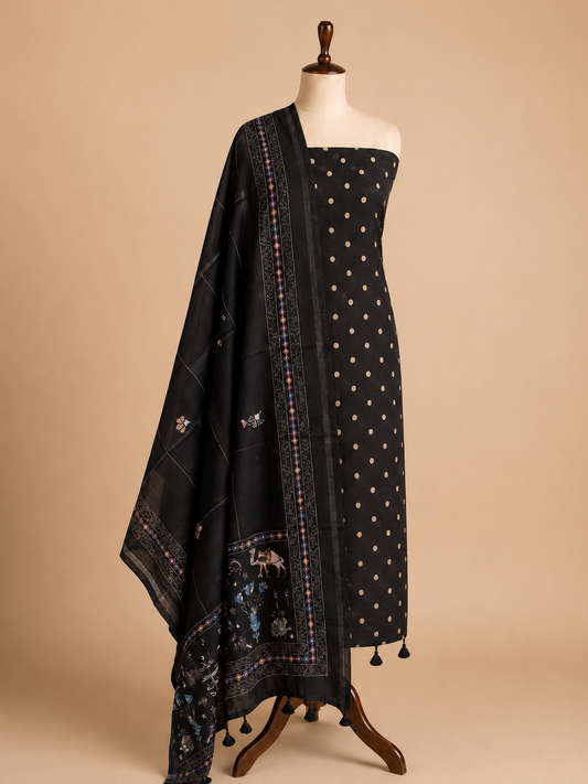 Chandrakala Classic Black Mul Chanderi unstitched suit set by Aura