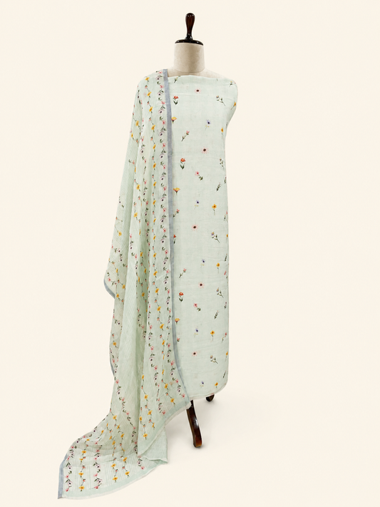 Lila Soft Mint Green floral linen unstitched suit set by Aura