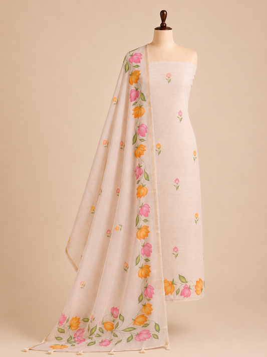 Chandrakala Blush Beige printed Chanderi unstitched suit set by Aura