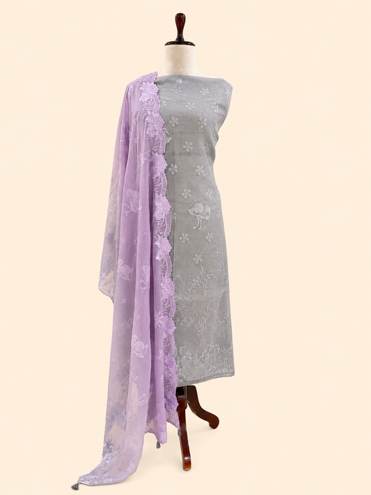 Mallepuvvu Dove Grey and Lilac mulmul unstitched suit set by Aura