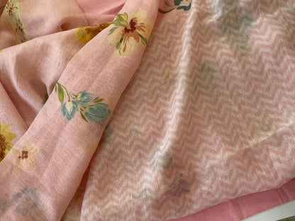 Mallepuvvu – Blush Pink Floral Printed Mulmul Unstitched Suit Set