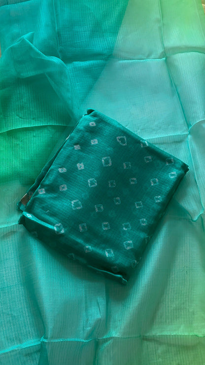 Komala – Emerald Green & Aqua Pure Silk Kota Bandhani Set with Ombré Dupatta