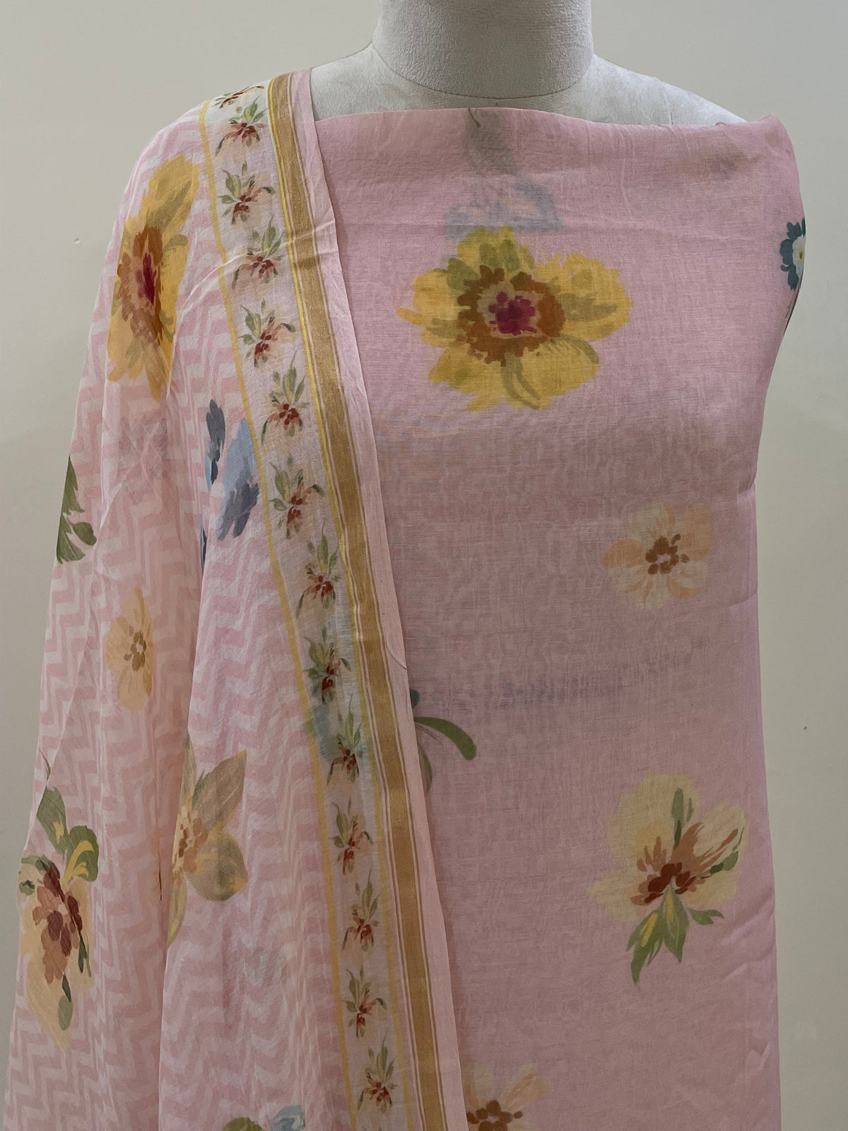 Mallepuvvu – Blush Pink Floral Printed Mulmul Unstitched Suit Set