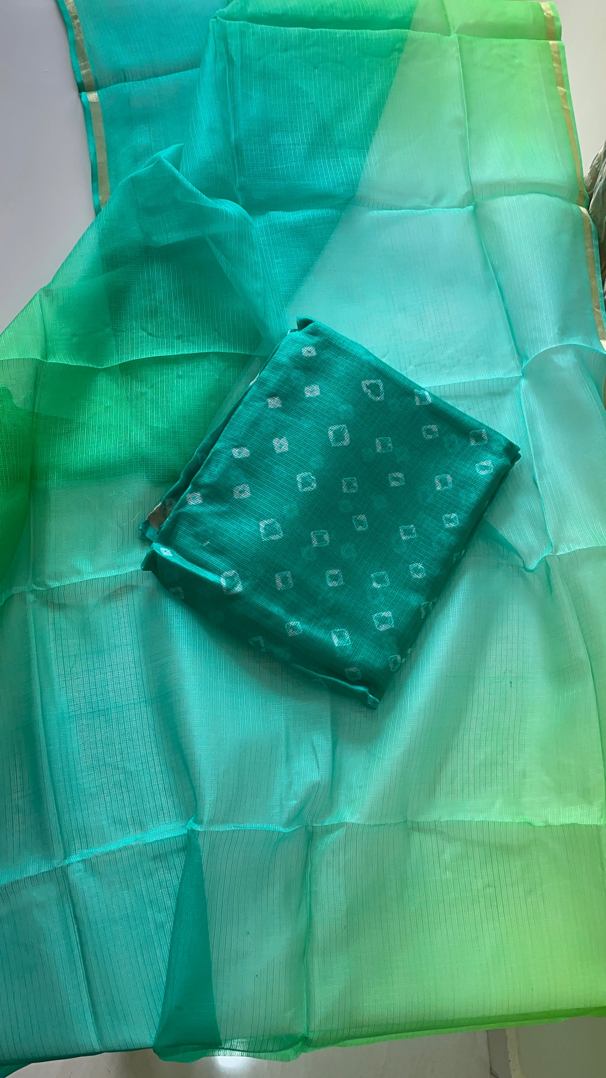 Komala – Emerald Green & Aqua Pure Silk Kota Bandhani Set with Ombré Dupatta