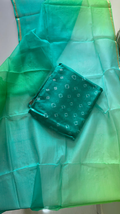 Komala – Emerald Green & Aqua Pure Silk Kota Bandhani Set with Ombré Dupatta