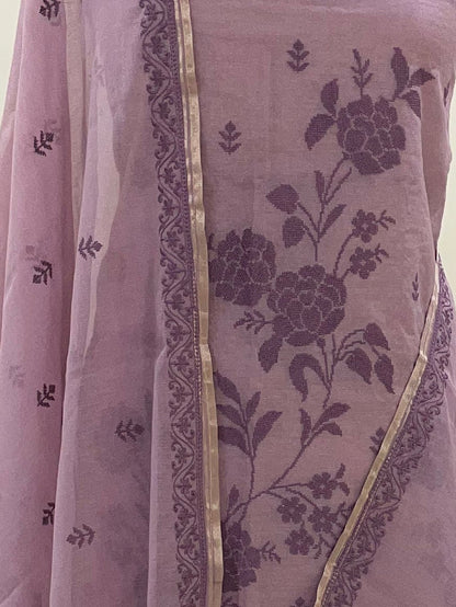 Mallepuvvu – Dusty Pink and Plum Mulmul Unstitched Suit Set