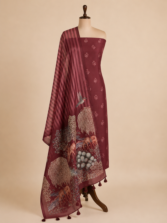 Vanantara Wine pure organza unstitched suit set by Aura