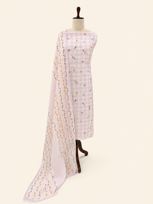 Lila Soft Lilac floral linen unstitched suit set by Aura