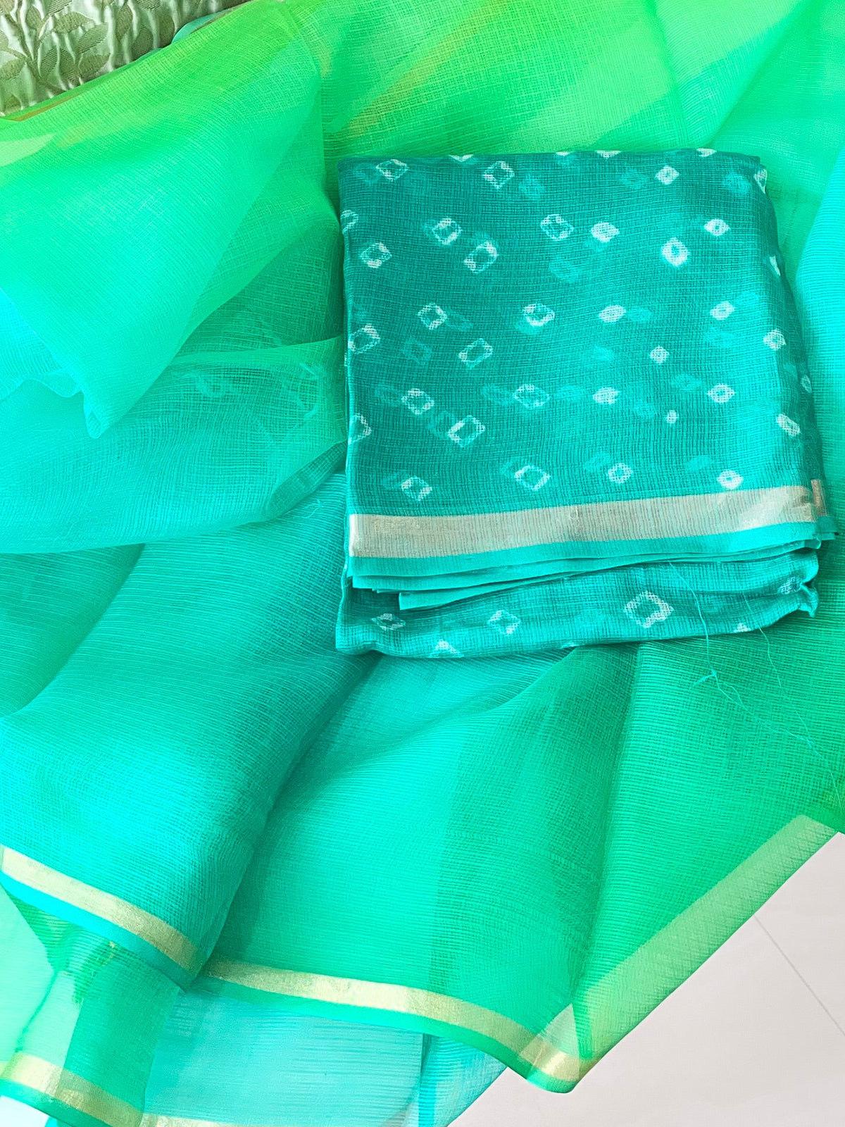 Komala – Emerald Green & Aqua Pure Silk Kota Bandhani Set with Ombré Dupatta