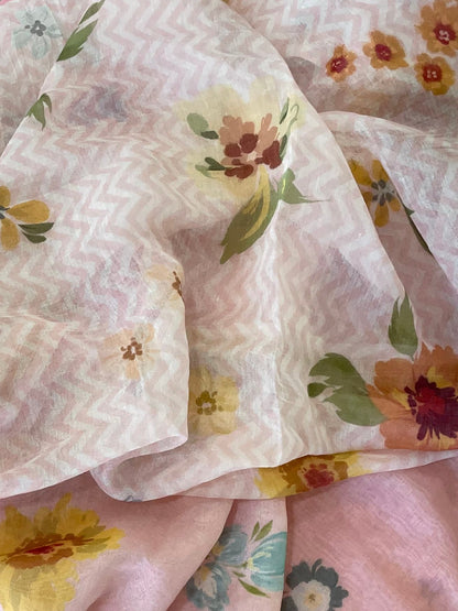 Mallepuvvu – Blush Pink Floral Printed Mulmul Unstitched Suit Set