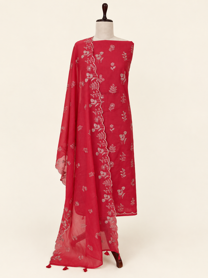 Chandrakala Crimson Red embroidered Chanderi unstitched suit set by Aura