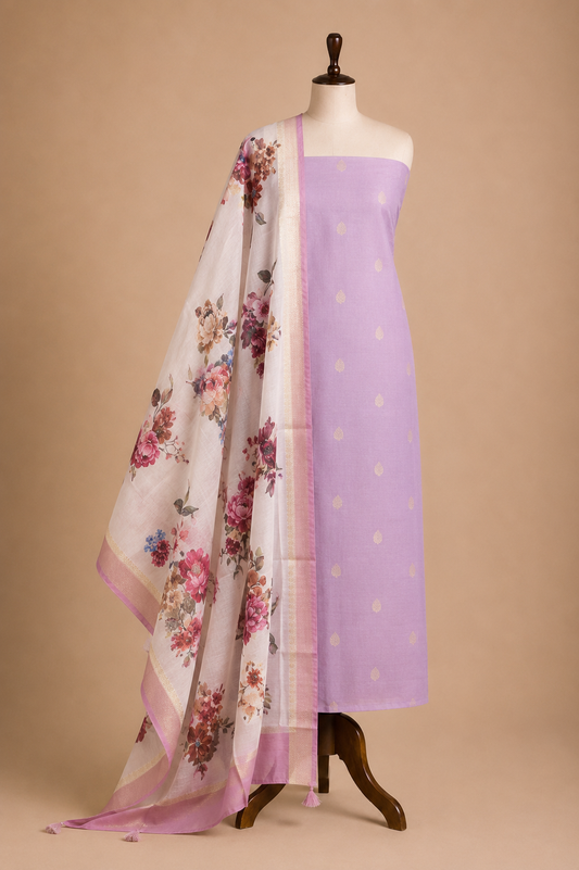 Chandrakala Lilac Chanderi silk blend unstitched suit set by Aura