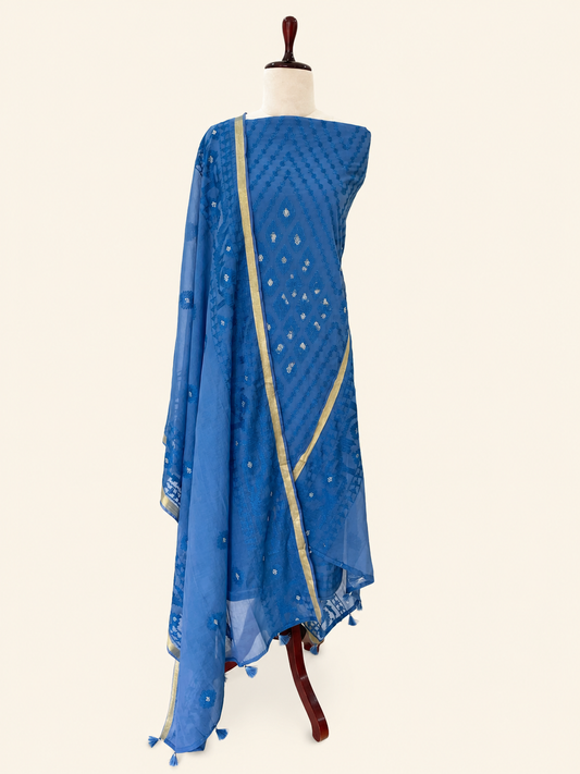 Mallepuvvu Blue mulmul unstitched suit set by Aura