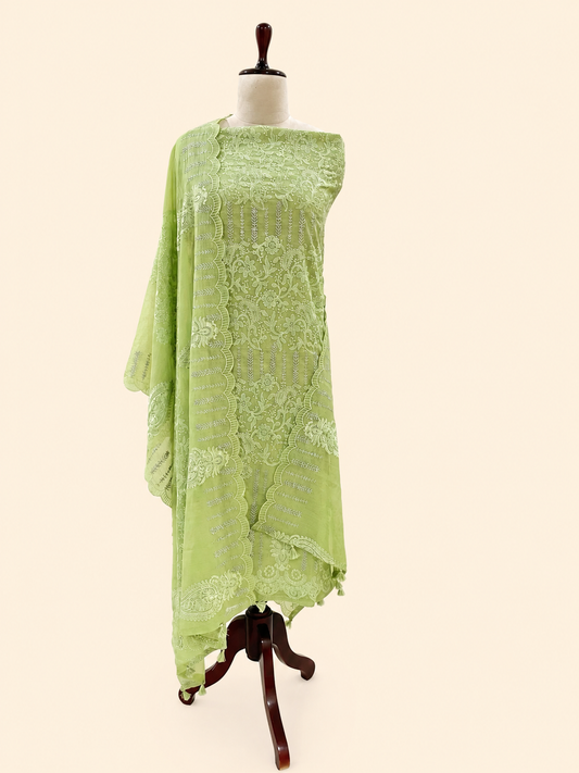 Mallepuvvu Pistachio Green chikankari mulmul unstitched suit set by Aura