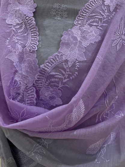 Mallepuvvu – Dove Grey & Lilac Mulmul Unstitched Suit Set