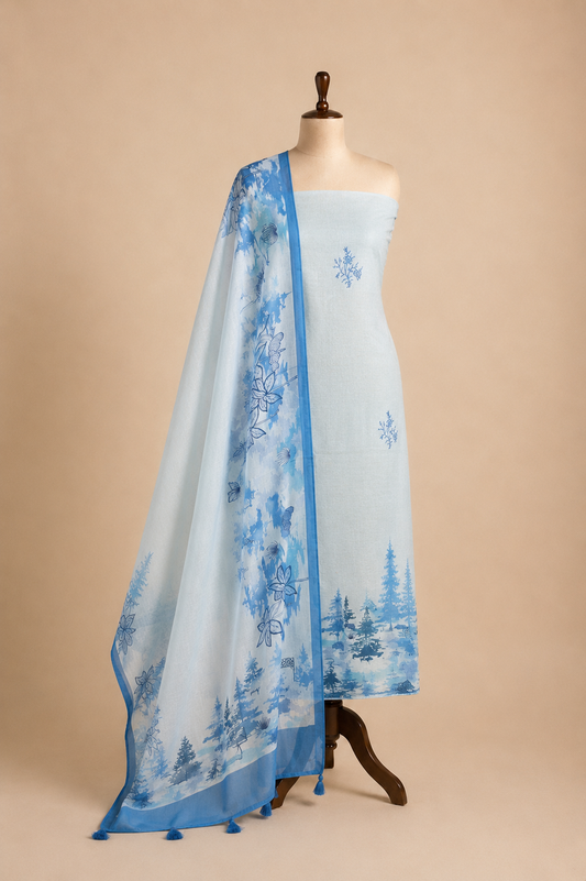 Mallepuvvu Powder Blue mulmul unstitched suit set by Aura