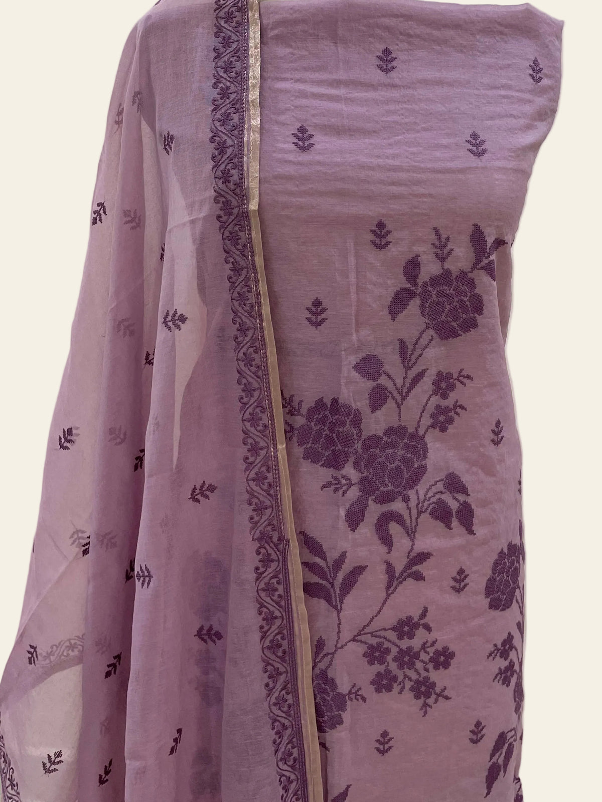 Mallepuvvu – Dusty Pink and Plum Mulmul Unstitched Suit Set