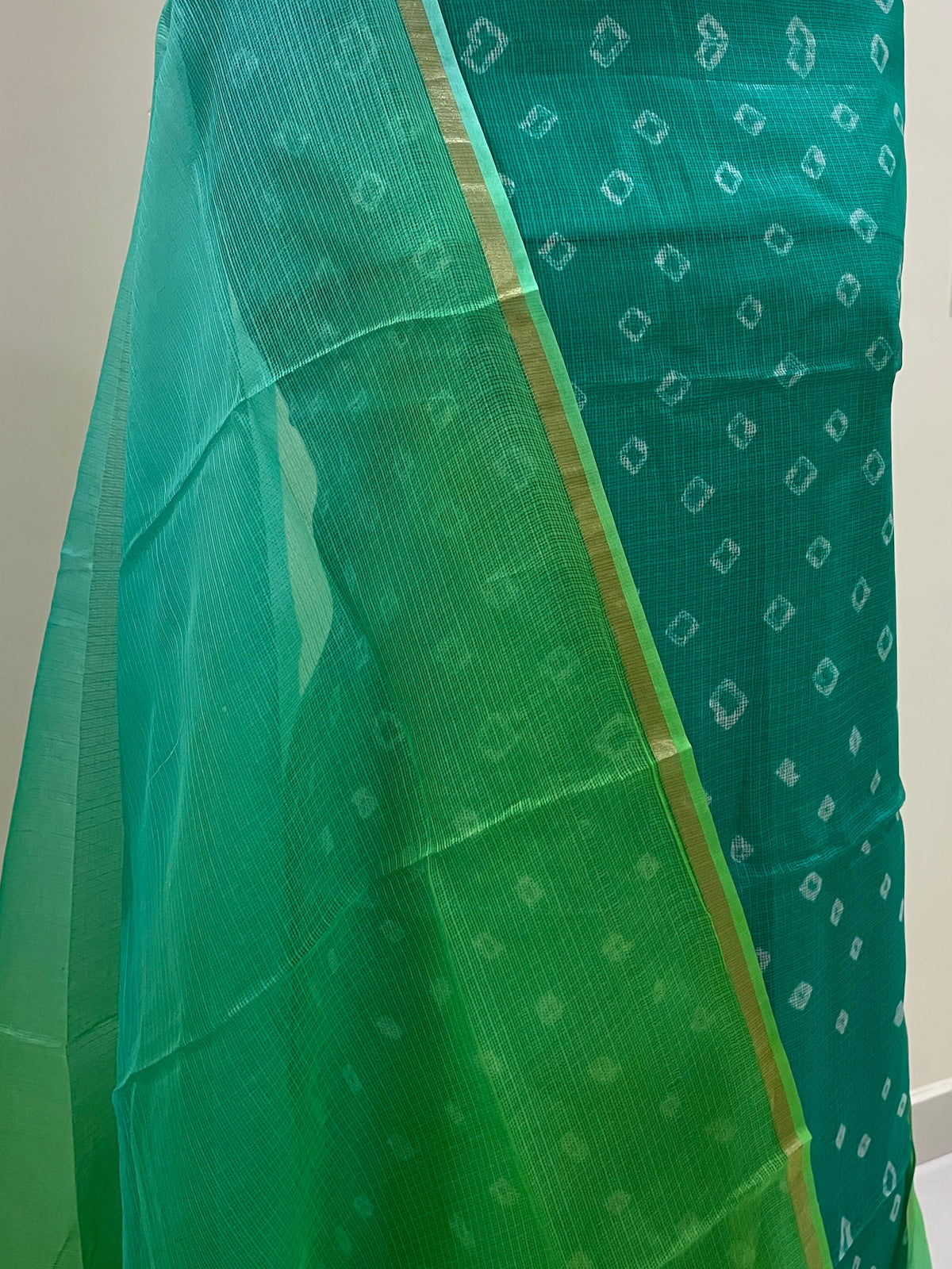 Komala – Emerald Green & Aqua Pure Silk Kota Bandhani Set with Ombré Dupatta