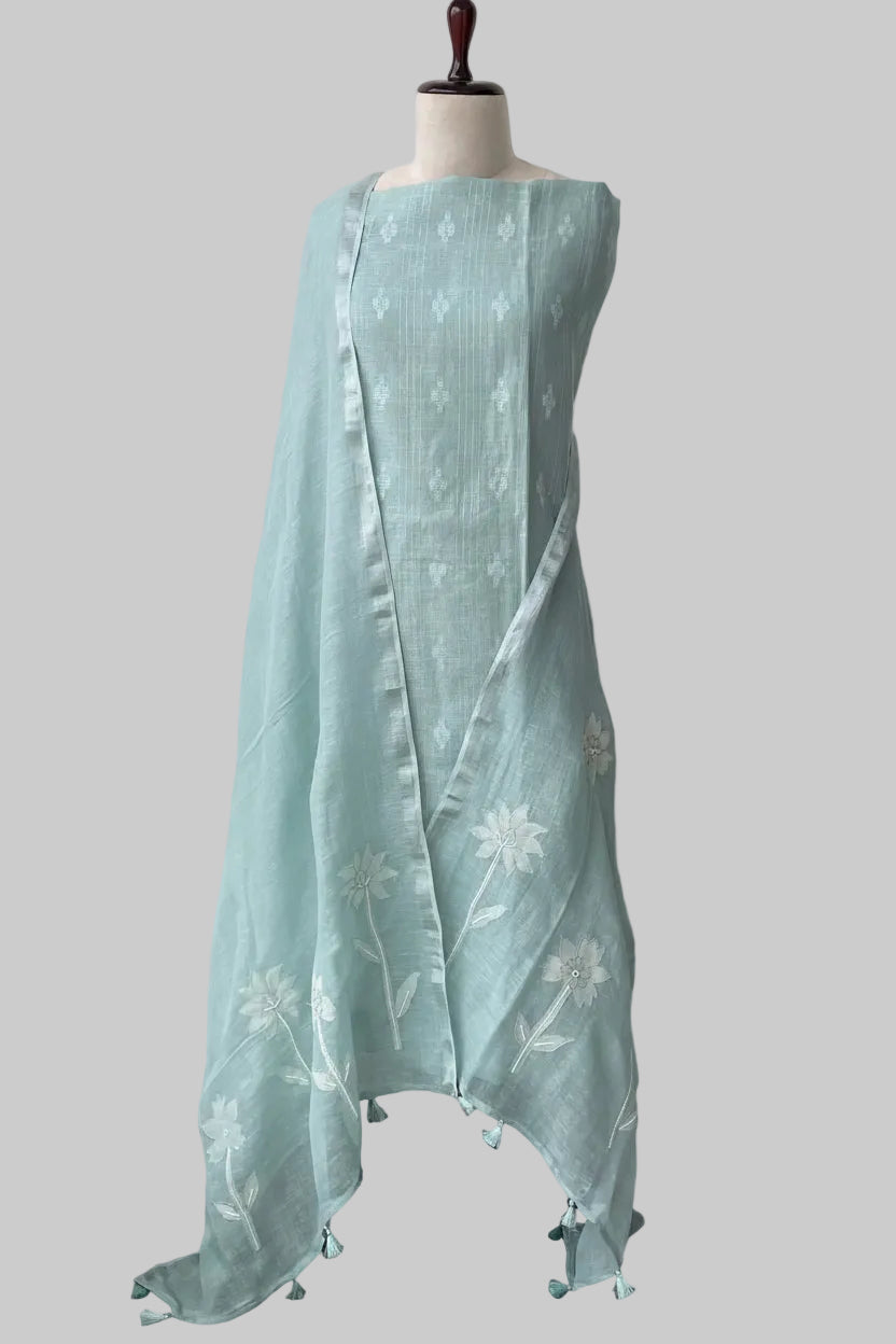 Lila — Seafoam Green Linen Appliqué Unstitched Suit Set