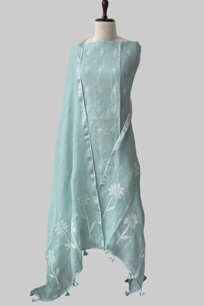 Lila — Seafoam Green Linen Appliqué Unstitched Suit Set