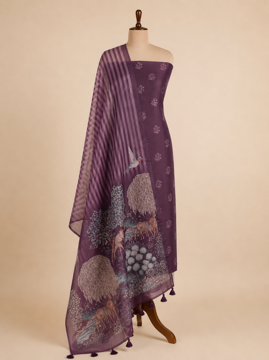 Vanantara Plum pure organza unstitched suit set by Aura
