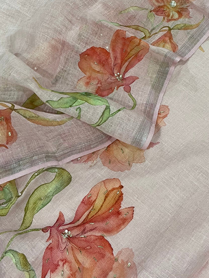 Lila – Baby Pink Linen Floral Printed Unstitched Suit Set