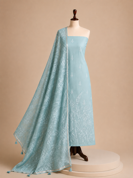 Chandrakala Powder Aqua embroidered Mul Chanderi unstitched suit set by Aura