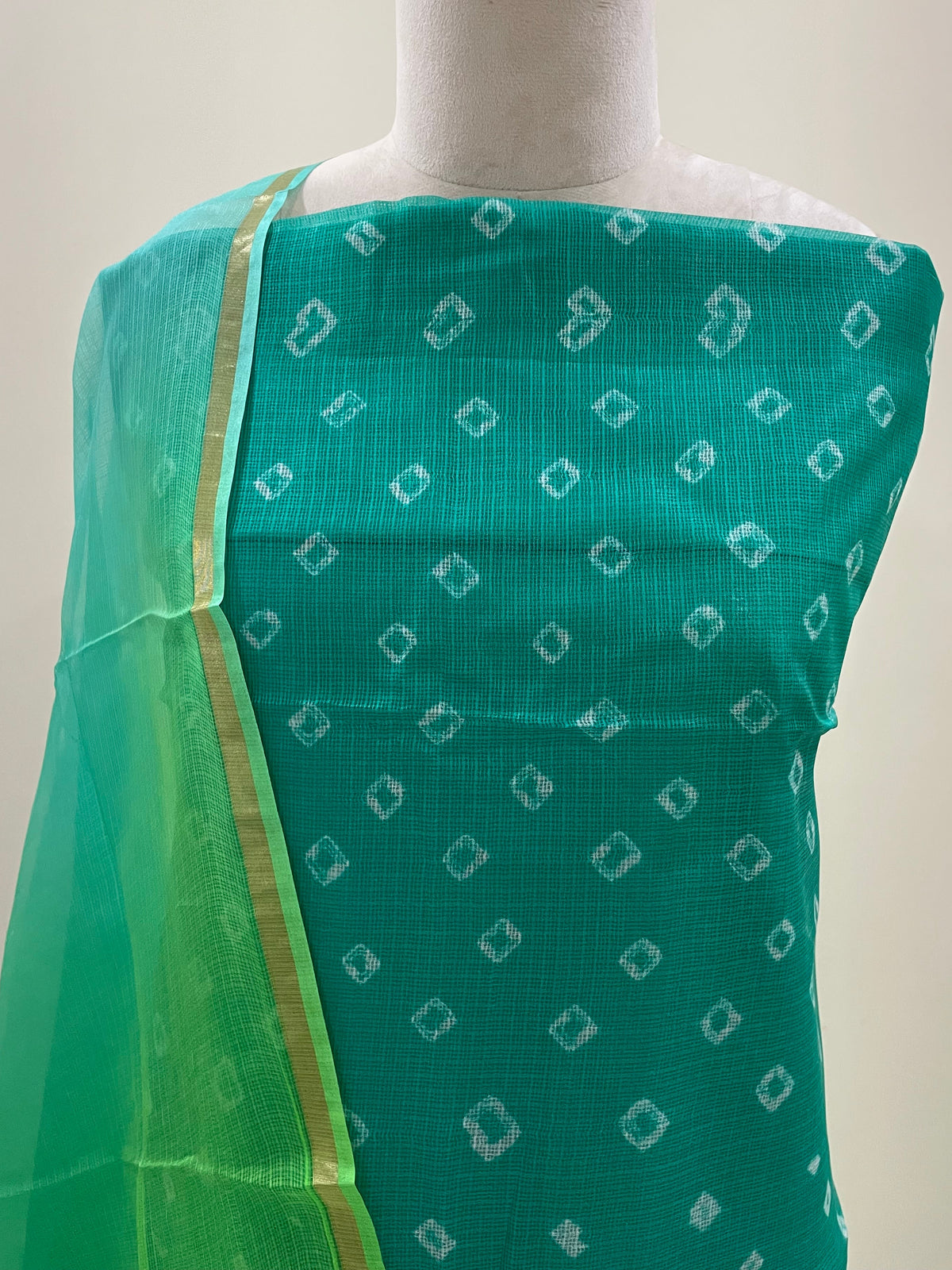 Komala – Emerald Green & Aqua Pure Silk Kota Bandhani Set with Ombré Dupatta