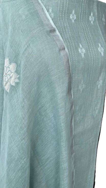 Lila — Seafoam Green Linen Appliqué Unstitched Suit Set