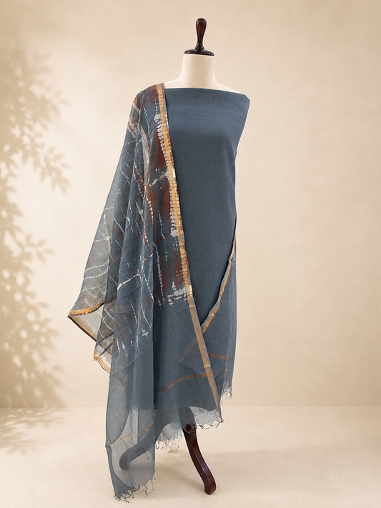 Komala Smoky Grey cotton Kota tie and dye unstitched suit set by Aura