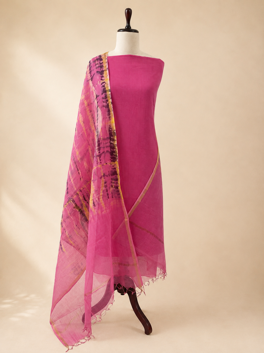 Komala Rose Pink cotton Kota tie and dye unstitched suit set by Aura