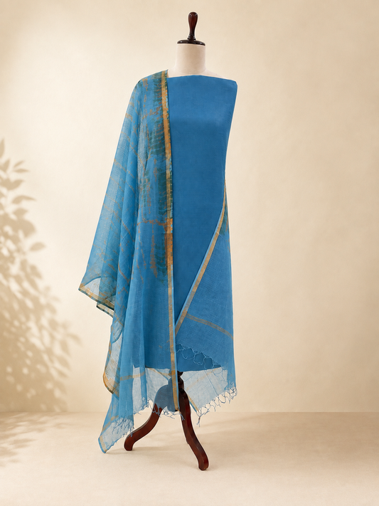 Komala Sky Blue cotton Kota tie and dye unstitched suit set by Aura