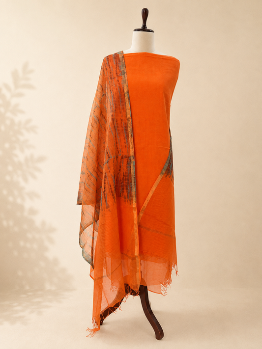 Komala Tangerine Orange cotton Kota tie and dye unstitched suit set by Aura