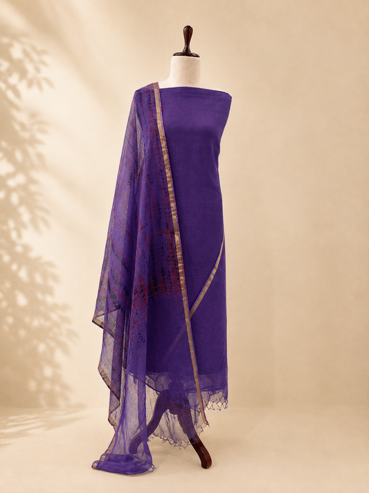 Komala Deep Purple cotton Kota tie and dye unstitched suit set by Aura