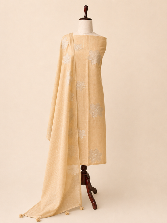 Komala Peach Beige silk Kota unstitched suit set by Aura