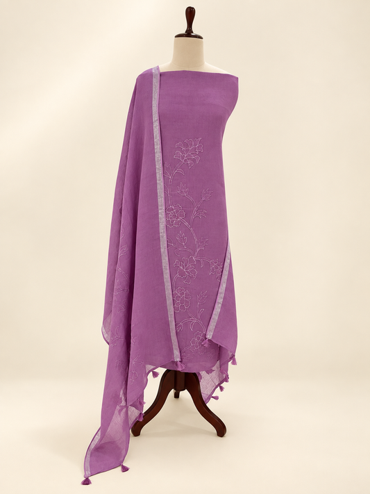 Lila Lavender linen applique unstitched suit set by Aura