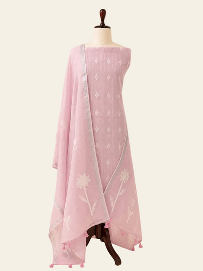 Lila Blush Pink linen applique unstitched suit set by Aura