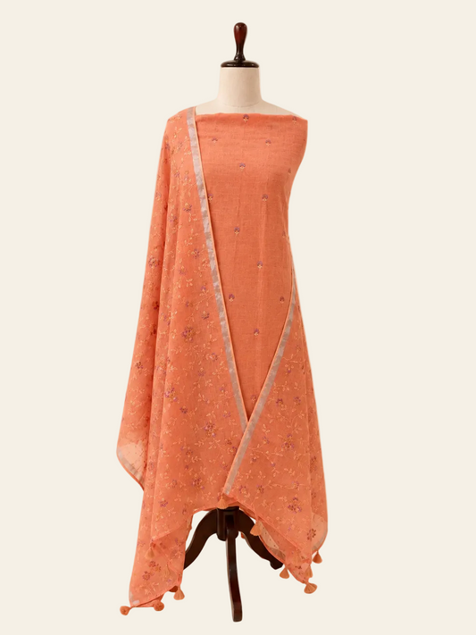 Lila Peach Orange linen unstitched suit set by Aura