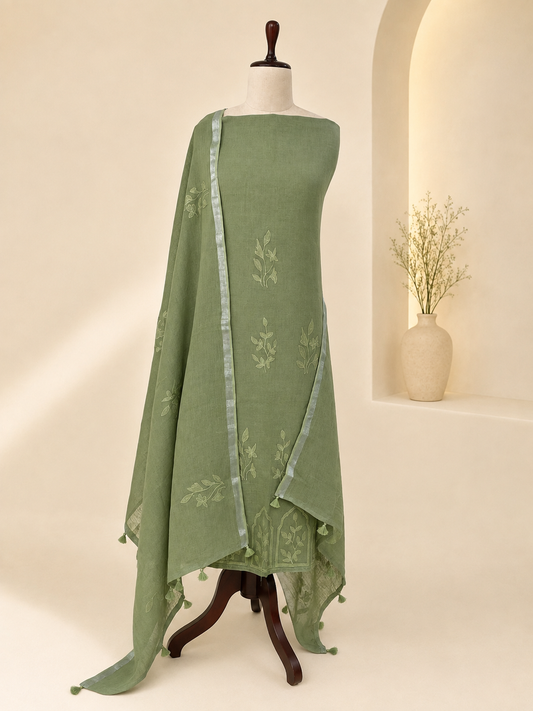 Lila Sage Green linen applique unstitched suit set by Aura