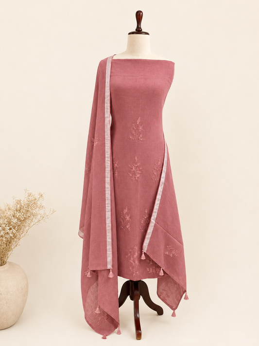 Lila Dusty Rose linen applique unstitched suit set by Aura