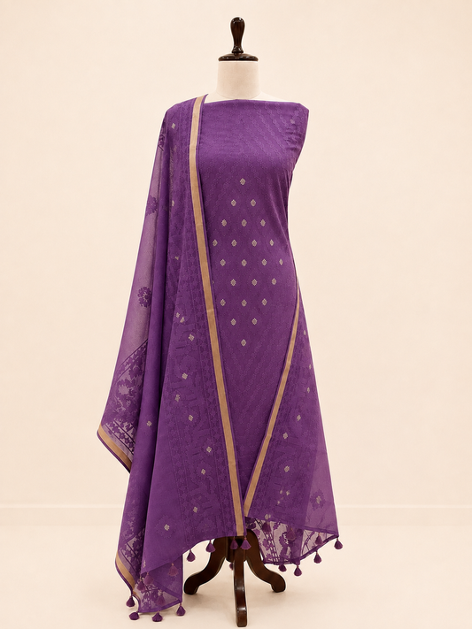 Mallepuvvu Purple mulmul unstitched suit set by Aura