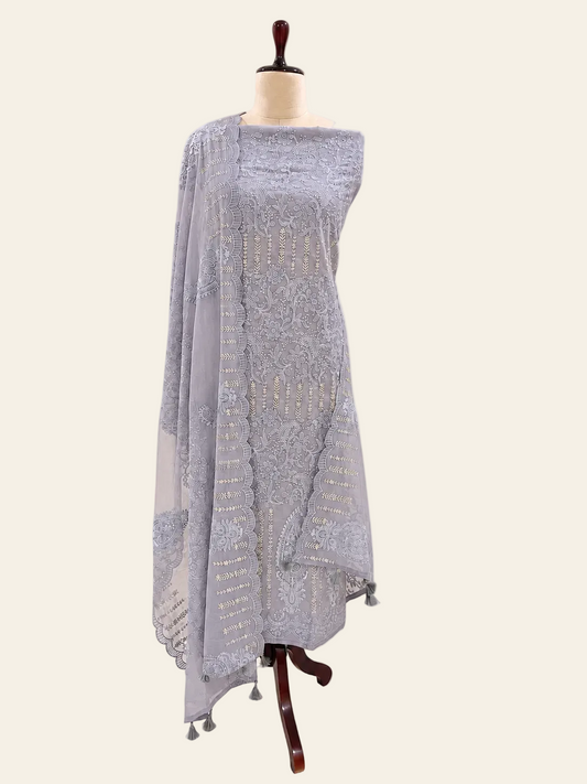 Mallepuvvu Grey Lavender chikankari mulmul unstitched suit set by Aura