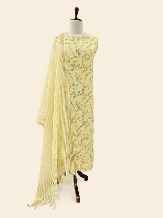 Mallepuvvu Pistachio Green printed mulmul unstitched suit set by Aura