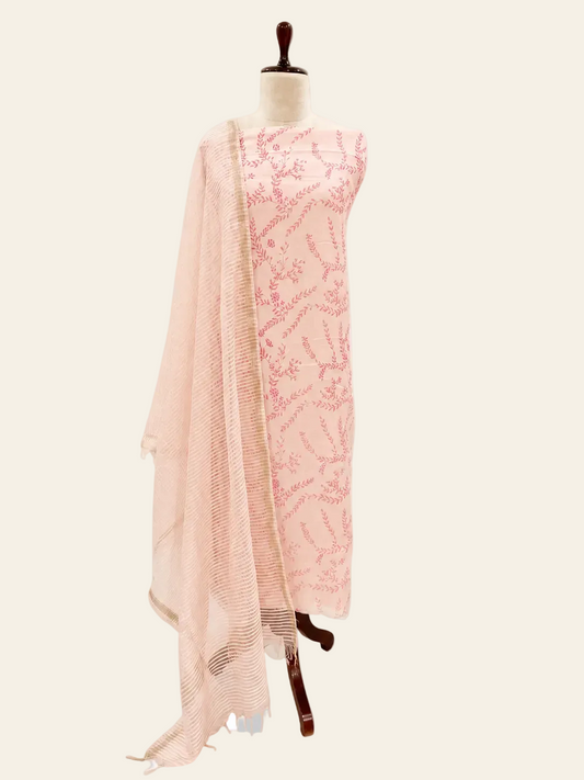 Mallepuvvu Peach Pink printed mulmul unstitched suit set by Aura