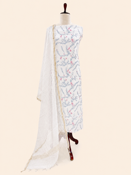 Mallepuvvu Powder Blue printed mulmul unstitched suit set by Aura
