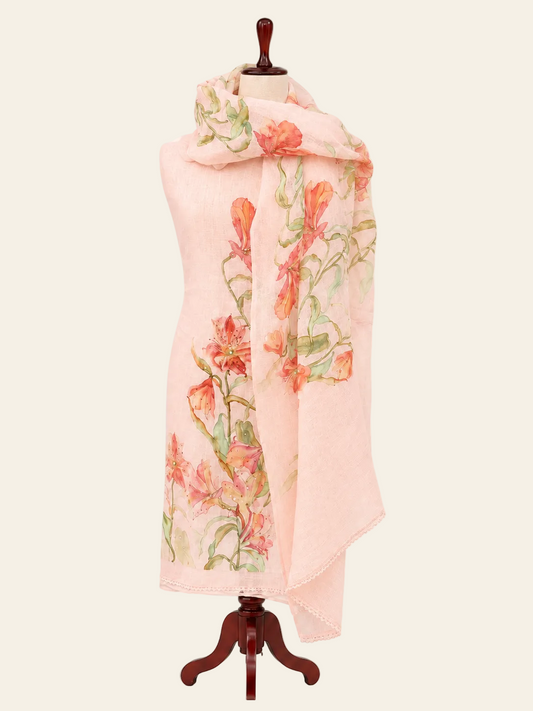 Lila Baby Pink floral printed linen unstitched suit set by Aura