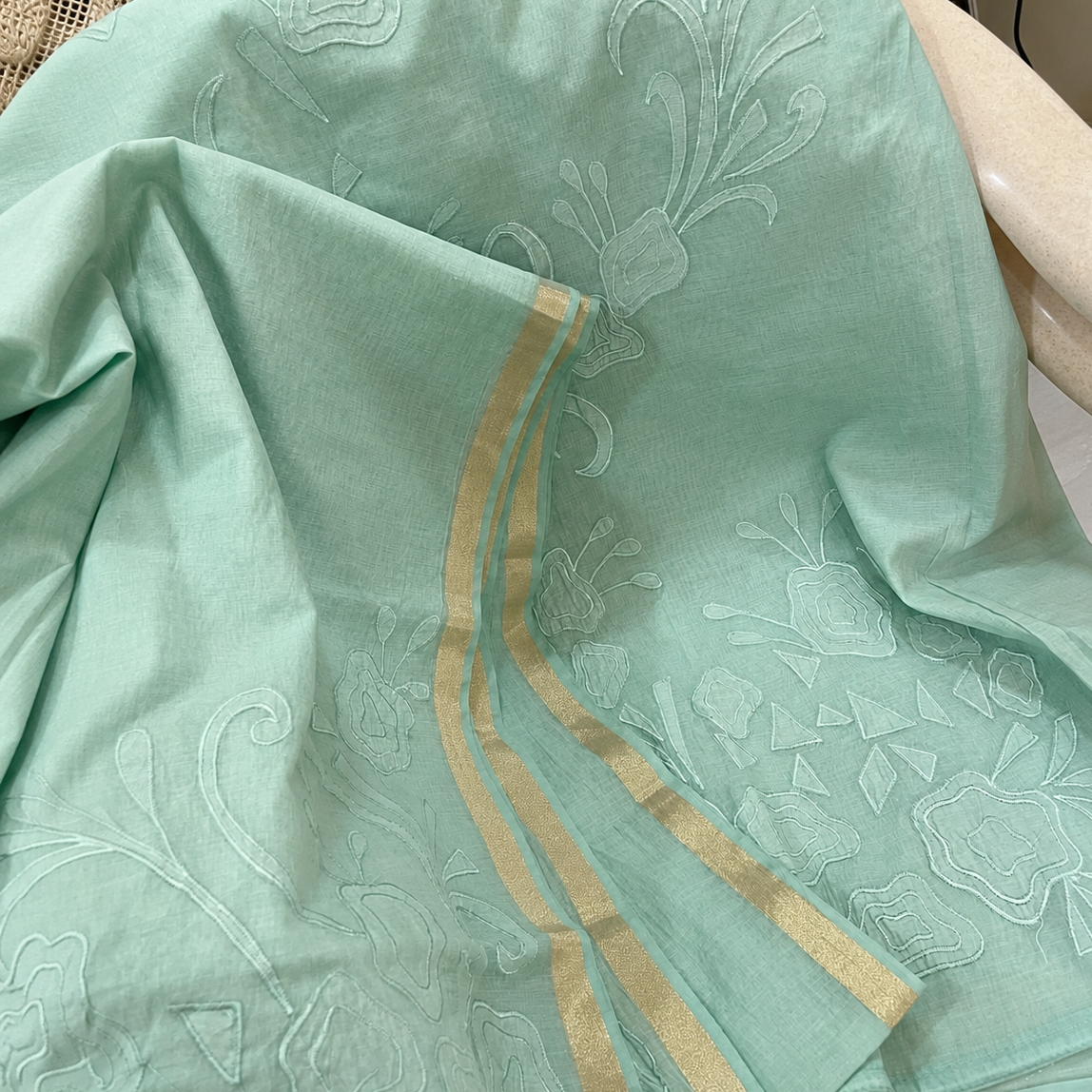 Chandrakala – Seafoam Green Mul Chanderi Appliqué Unstitched Suit Set