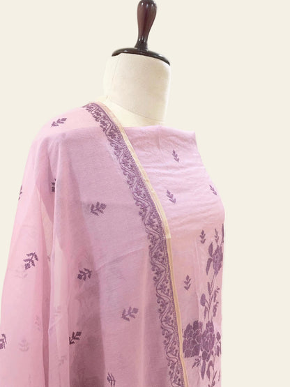 Mallepuvvu – Dusty Pink and Plum Mulmul Unstitched Suit Set