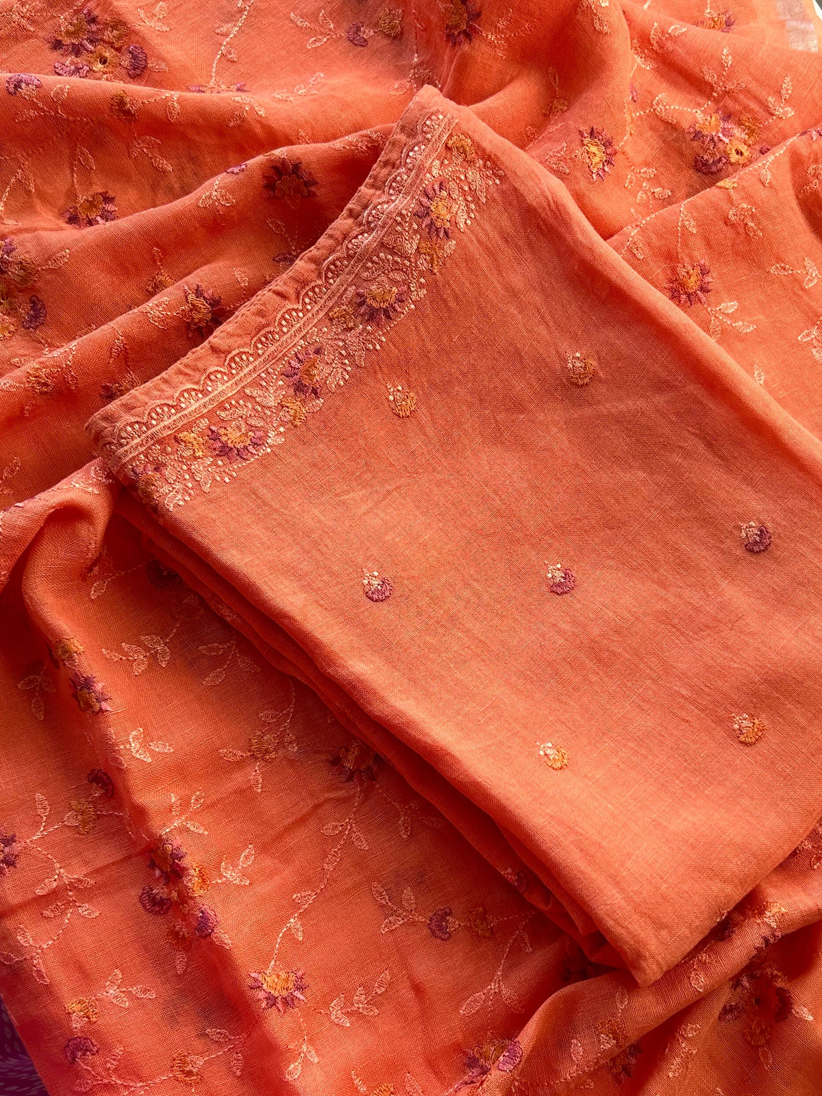 Lila — Peach Orange Linen Unstitched Suit Set